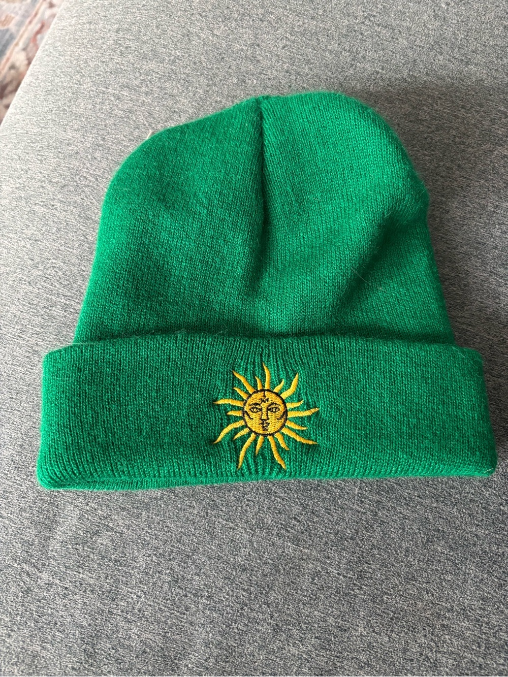 Green Beanie Hat with Sun Embroidery